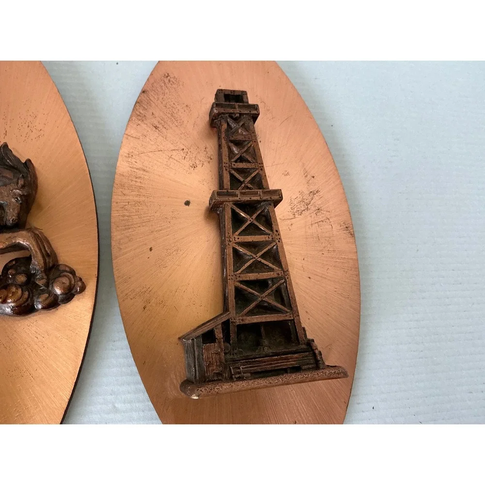 Copperama Vintage Black Gold Oil Derrick Pegasus Wall Art Plaque Set 10